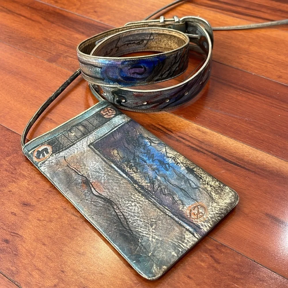 Jane Yoo hand painted leather belt, and Crossbody purse set